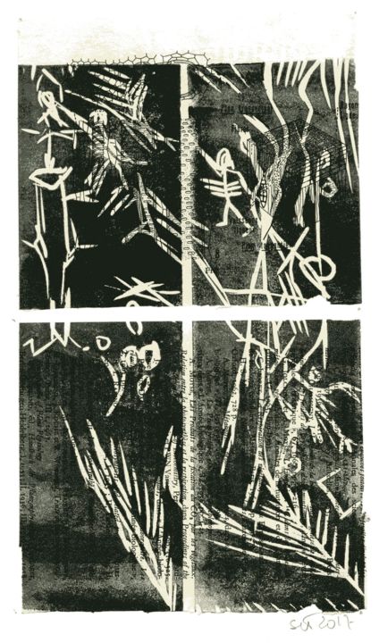 Gravures & estampes intitulée "Marche ou" par Sophie Le Tellier, Œuvre d'art originale, Linogravures