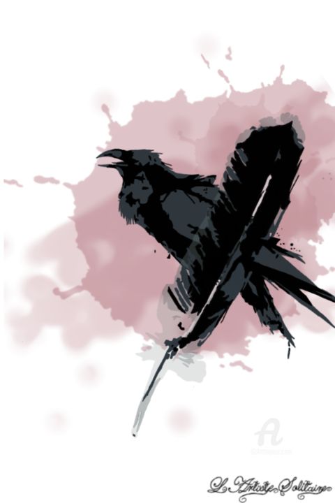 Arts numériques intitulée "Corbeau et plume" par L'Artiste Solitaire, Œuvre d'art originale, Peinture numérique