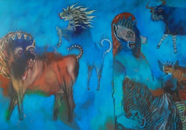 Painting titled "Animal Rites" by Soma, Original Artwork, Oil