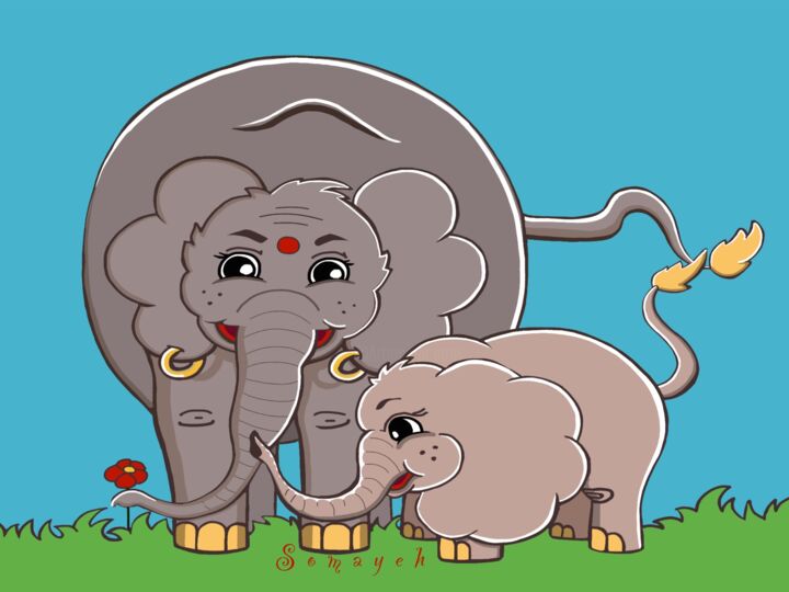 Arts numériques intitulée "Elephants Family pi…" par Somayeh, Œuvre d'art originale, Peinture numérique