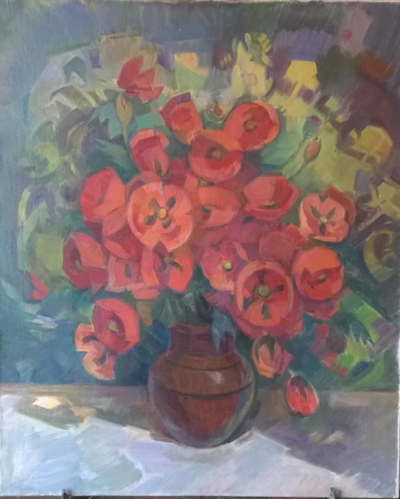 Painting titled "Tulips" by Hayk Gharagyozyan, Original Artwork, Oil