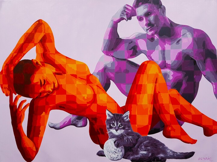 Schilderij getiteld "Couple and Cat" door Sonaly Gandhi, Origineel Kunstwerk, Acryl