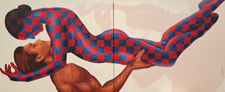 「Dancing Couple 1」というタイトルの絵画 Sonaly Gandhiによって, オリジナルのアートワーク, アクリル ウッドストレッチャーフレームにマウント