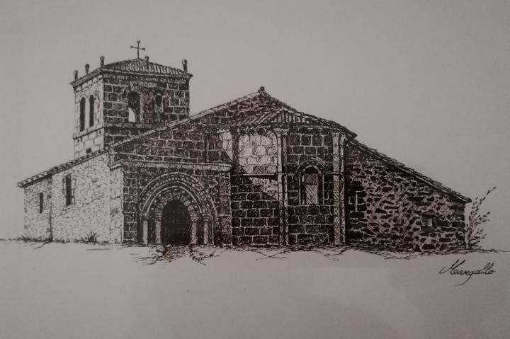 Drawing titled "Église - Chemin pri…" by Luis Margallo, Original Artwork, Ink