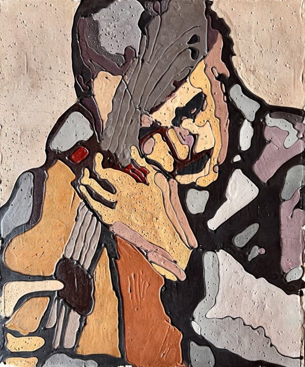 Painting titled "Il chitarrista" by Sonia Bellezza, Original Artwork, Chalk Mounted on Wood Panel
