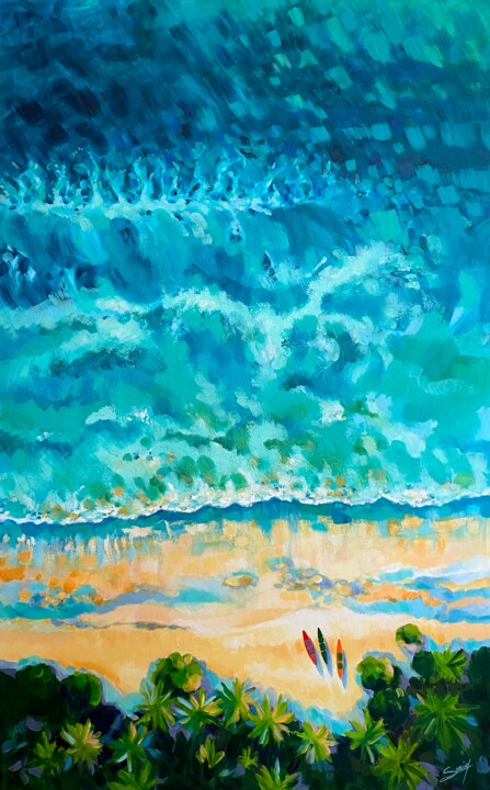 Painting titled "Survol de Zanzibar" by Sonia Di Maccio, Original Artwork, Acrylic Mounted on Wood Stretcher frame