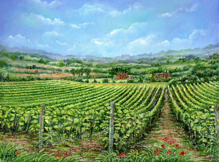 Painting titled "A Kentish Vineyard" by Sonia Finch, Original Artwork, Oil Mounted on Cardboard