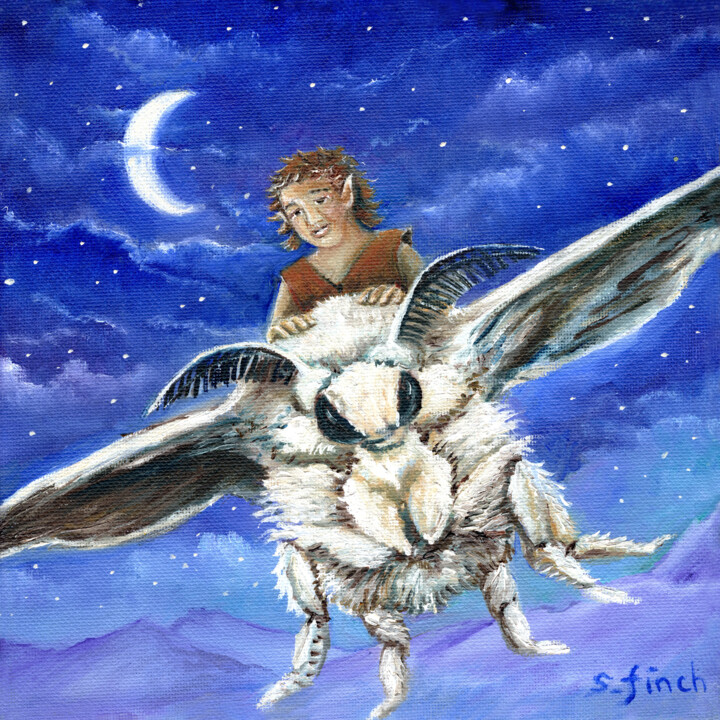 Painting titled "'Elf Moth Rider' by…" by Sonia Finch, Original Artwork, Oil Mounted on Wood Stretcher frame