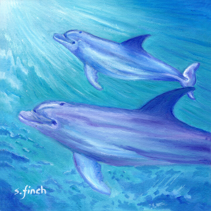 Painting titled "Spirit of Dolphin" by Sonia Finch, Original Artwork, Oil Mounted on Wood Stretcher frame