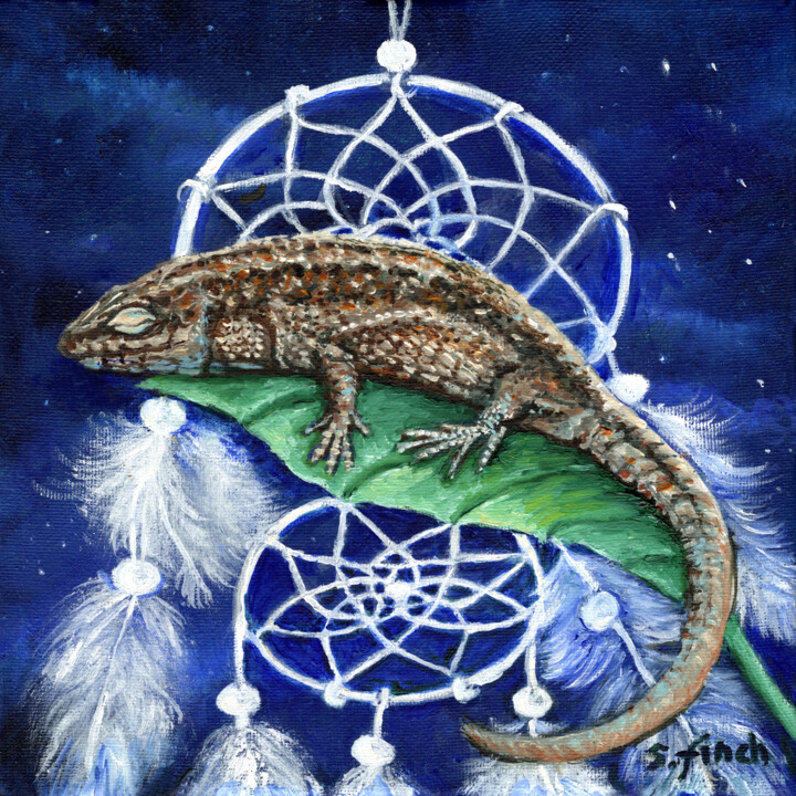 Painting titled "Spirit of Lizard" by Sonia Finch, Original Artwork, Oil Mounted on Wood Stretcher frame