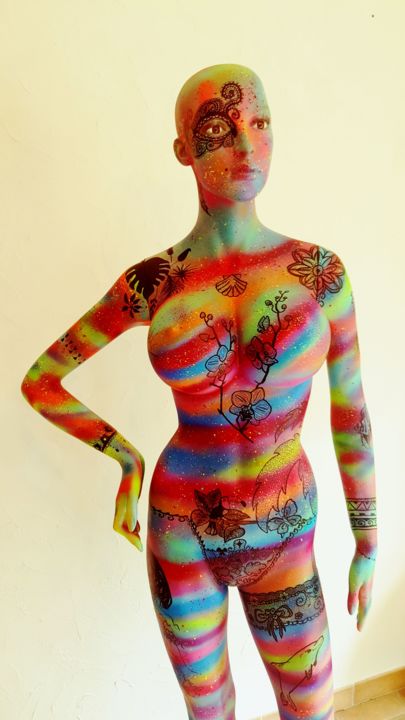 Malerei mit dem Titel "Mannequin tropical" von Sonia Michel, Original-Kunstwerk, Sprühfarbe