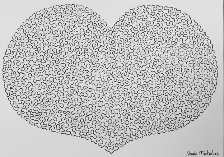 Dessin intitulée "Coeur noir au trait…" par Sonia Michel, Œuvre d'art originale, Encre
