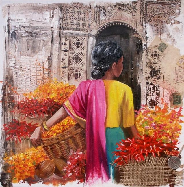 Картина под названием "Marché à Delhi" - Sonia Privat, Подлинное произведение искусства, Масло