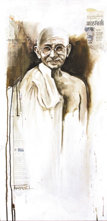 Peinture intitulée "Gandhi, non-violent…" par Sonia Privat, Œuvre d'art originale, Huile