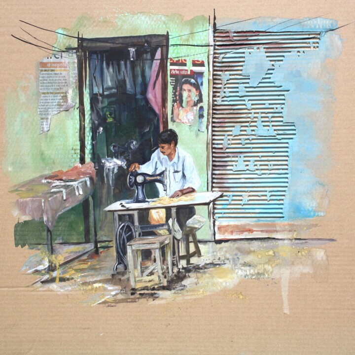 Painting titled "Le couturier, Delhi" by Sonia Privat, Original Artwork, Oil