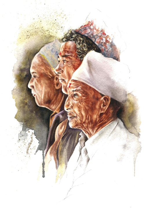 Pittura intitolato "3 hommes à Bhaktapur" da Sonia Privat, Opera d'arte originale, Acquarello