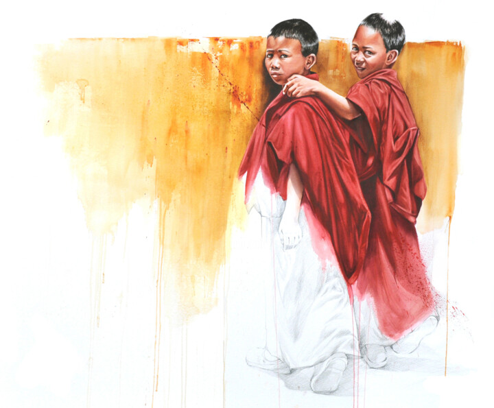 Картина под названием "Deux moinillons à B…" - Sonia Privat, Подлинное произведение искусства, Акварель