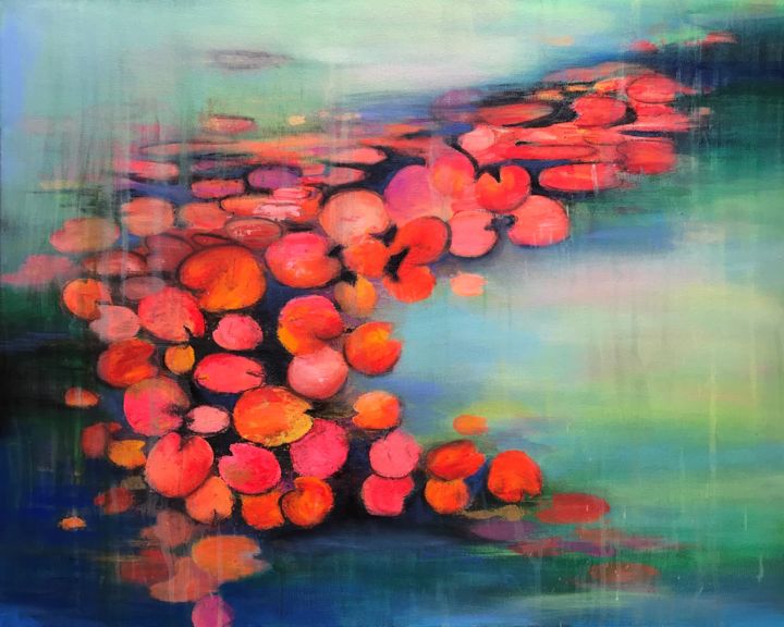 Painting titled "Abstract water lili…" by Amita Dand, Original Artwork, Acrylic Mounted on Wood Stretcher frame