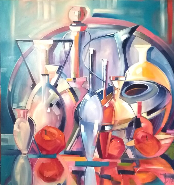 Painting titled "THE MAGIC OF GLASS" by Sonja Brzak, Original Artwork, Oil