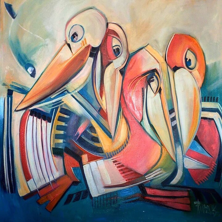 Painting titled "PELICANS" by Sonja Brzak, Original Artwork, Oil
