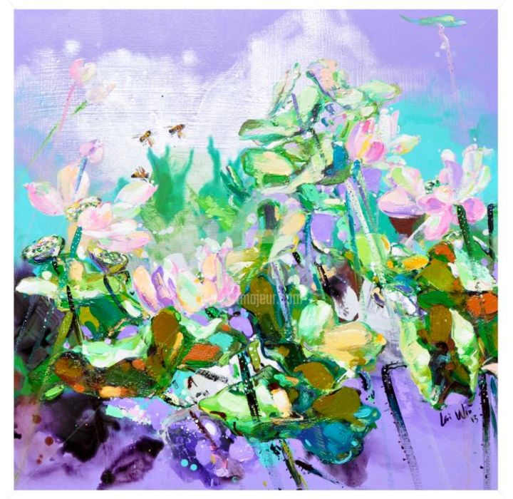 Painting titled "3x3feet-purple-bees…" by Soon Lai Wai, Original Artwork