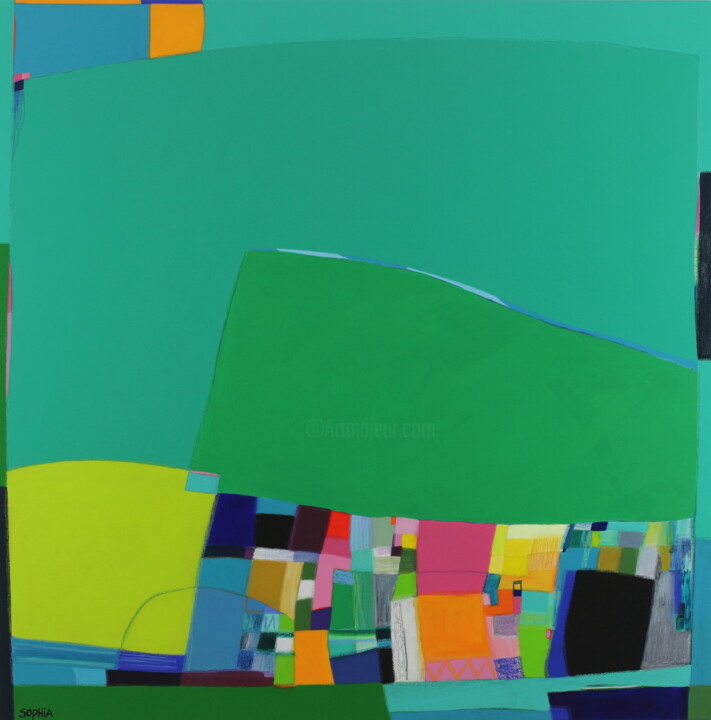 Картина под названием "Between Green" - Sophia Heeres, Подлинное произведение искусства, Акрил Установлен на Алюминий