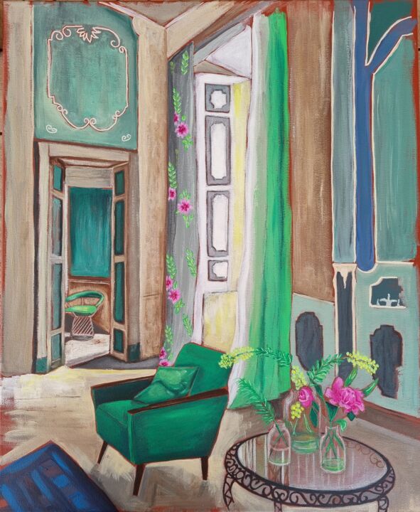 绘画 标题为“Le salon vert” 由Sophie Ackermann, 原创艺术品, 丙烯