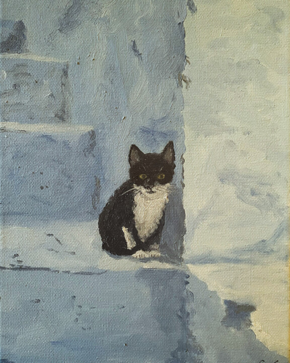 Painting titled "Chaton bleu" by Sophie Cousineau, Original Artwork, Oil Mounted on Wood Stretcher frame