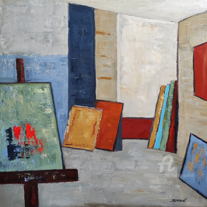 Painting titled "atelier 18" by Sophie Dumont, Original Artwork, Oil Mounted on Wood Stretcher frame