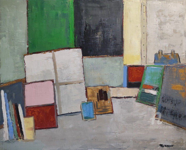 Painting titled "Atelier 21" by Sophie Dumont, Original Artwork, Oil Mounted on Wood Stretcher frame