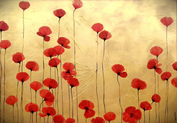 Painting titled ""Poppies"" by Sophie Duplain, Original Artwork, Acrylic Mounted on Wood Stretcher frame