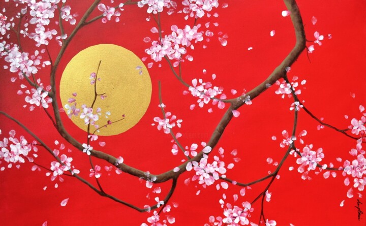 Peinture intitulée ""Le Kimono Rouge"" par Sophie Duplain, Œuvre d'art originale, Acrylique Monté sur Châssis en bois
