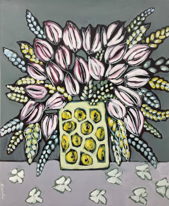 Painting titled "bouquet de tulipes…" by Sophie Gardin, Original Artwork, Acrylic Mounted on Wood Stretcher frame