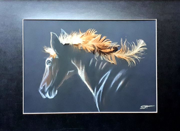 Drawing titled "cheval" by Sophie Haldi, Original Artwork, Pastel Mounted on Wood Panel