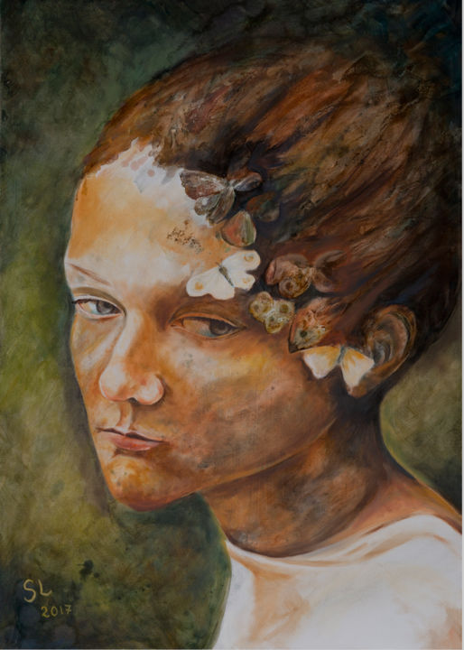 Painting titled "femme papillon" by Sophie Loizeau, Original Artwork, Oil Mounted on Wood Stretcher frame