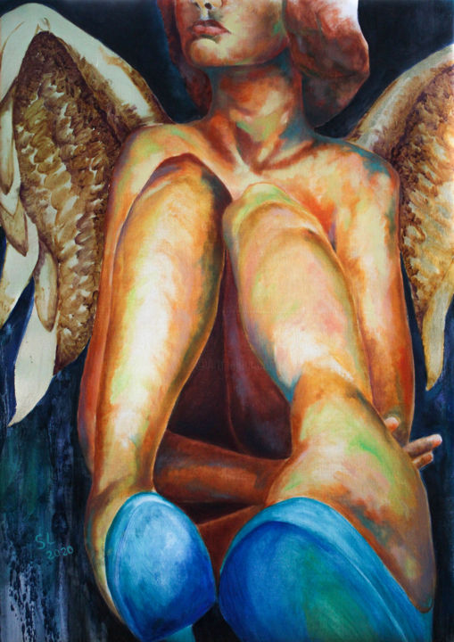 Peinture intitulée "Ange aux escarpins…" par Sophie Loizeau, Œuvre d'art originale, Huile Monté sur Châssis en bois