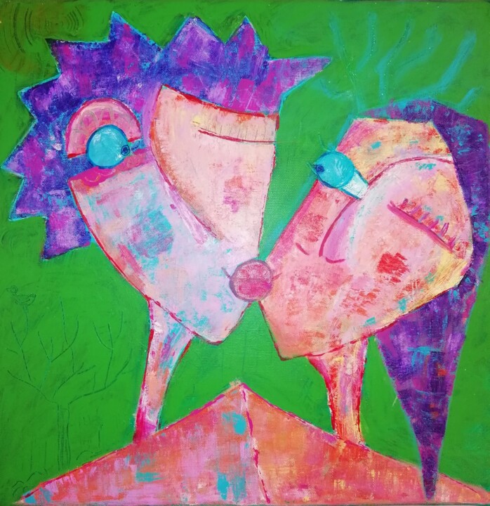 Painting titled "le Baiser" by Sophie Maugin, Original Artwork, Acrylic Mounted on Wood Stretcher frame