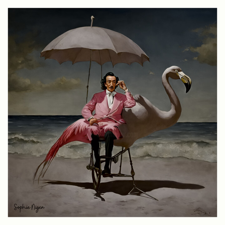 Digitale Kunst getiteld "Dali à la plage" door Sophie Nigen, Origineel Kunstwerk, AI gegenereerde afbeelding
