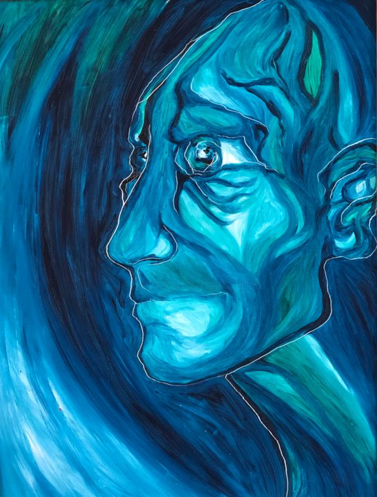 Schilderij getiteld "Tête « profil bleu…" door Sophie Orlicki, Origineel Kunstwerk, Olie