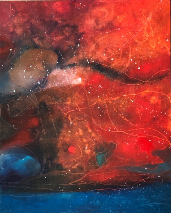 Malerei mit dem Titel "Paysage « ciel roug…" von Sophie Orlicki, Original-Kunstwerk, Öl