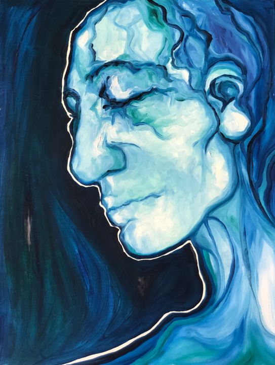 Painting titled "Tête « profil bleu »" by Sophie Orlicki, Original Artwork, Oil