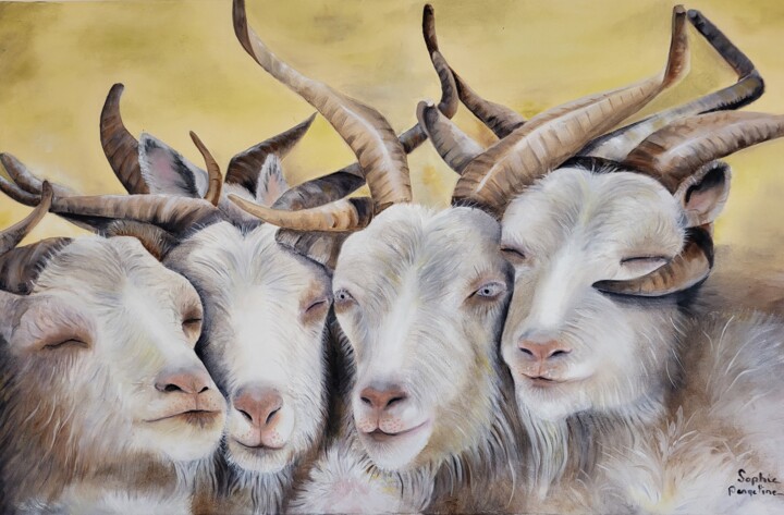 Painting titled "Les 4 Chèvres" by Sophie Pergeline, Original Artwork, Oil