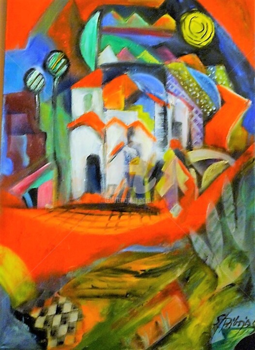 Malerei mit dem Titel "Greek Vilage" von Sophie Pribojszki, Original-Kunstwerk, Öl