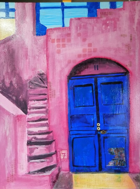 Painting titled "Porte No 7 Collioure" by Sophie Thiry, Original Artwork, Acrylic Mounted on Wood Stretcher frame