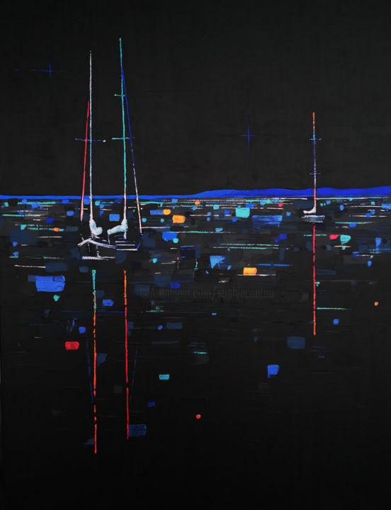 Painting titled "Nuit sur la mer" by Sophie Cantou, Original Artwork, Acrylic