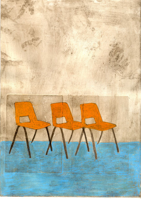 Painting titled "Three Orange Chairs" by Sophie Cordery, Original Artwork