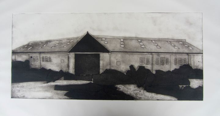 Printmaking titled "Large Barn Building" by Sophie Cordery, Original Artwork, Etching