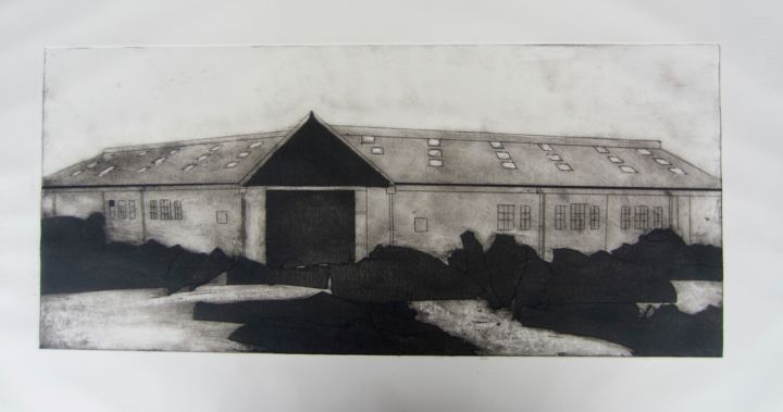 Printmaking titled "Large Barn Building" by Sophie Cordery, Original Art, Etching