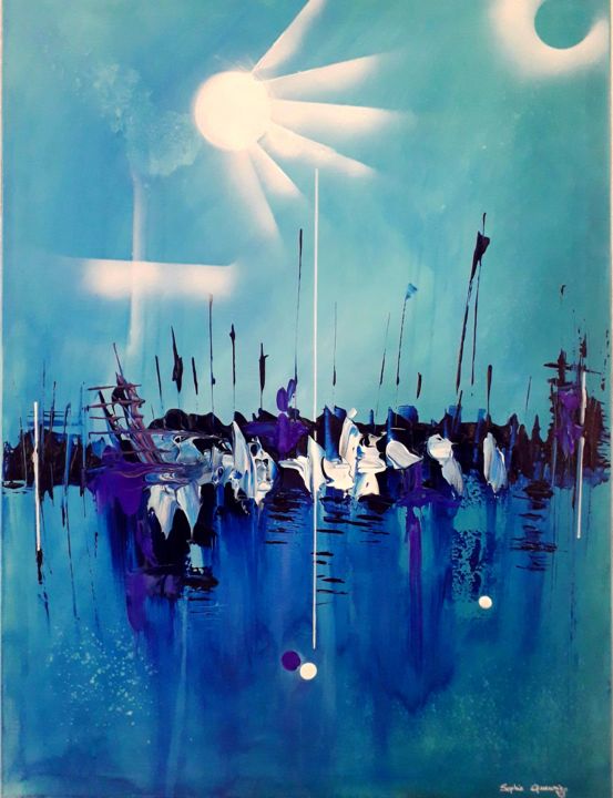 Painting titled "BLUE SUN" by Sophie Queuniez, Original Artwork, Acrylic