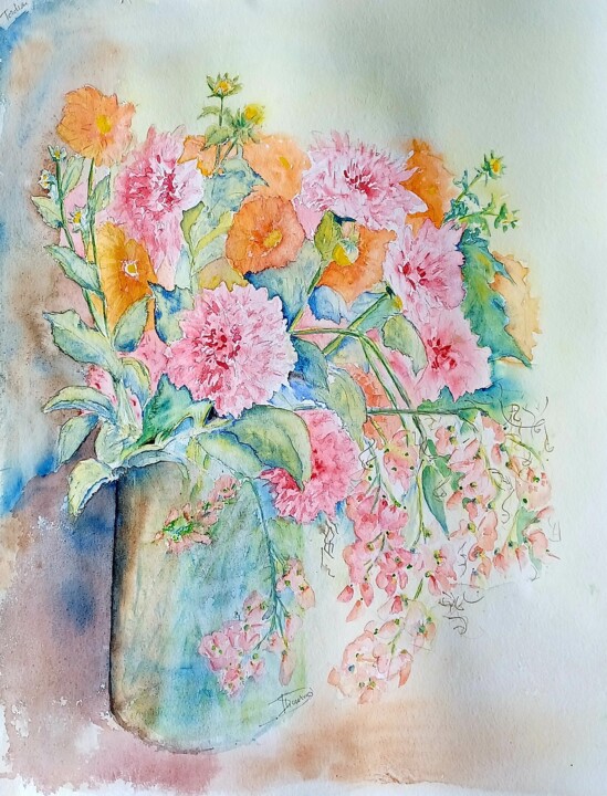绘画 标题为“Bouquet de dahlias…” 由Thérèse Soriano, 原创艺术品, 水彩